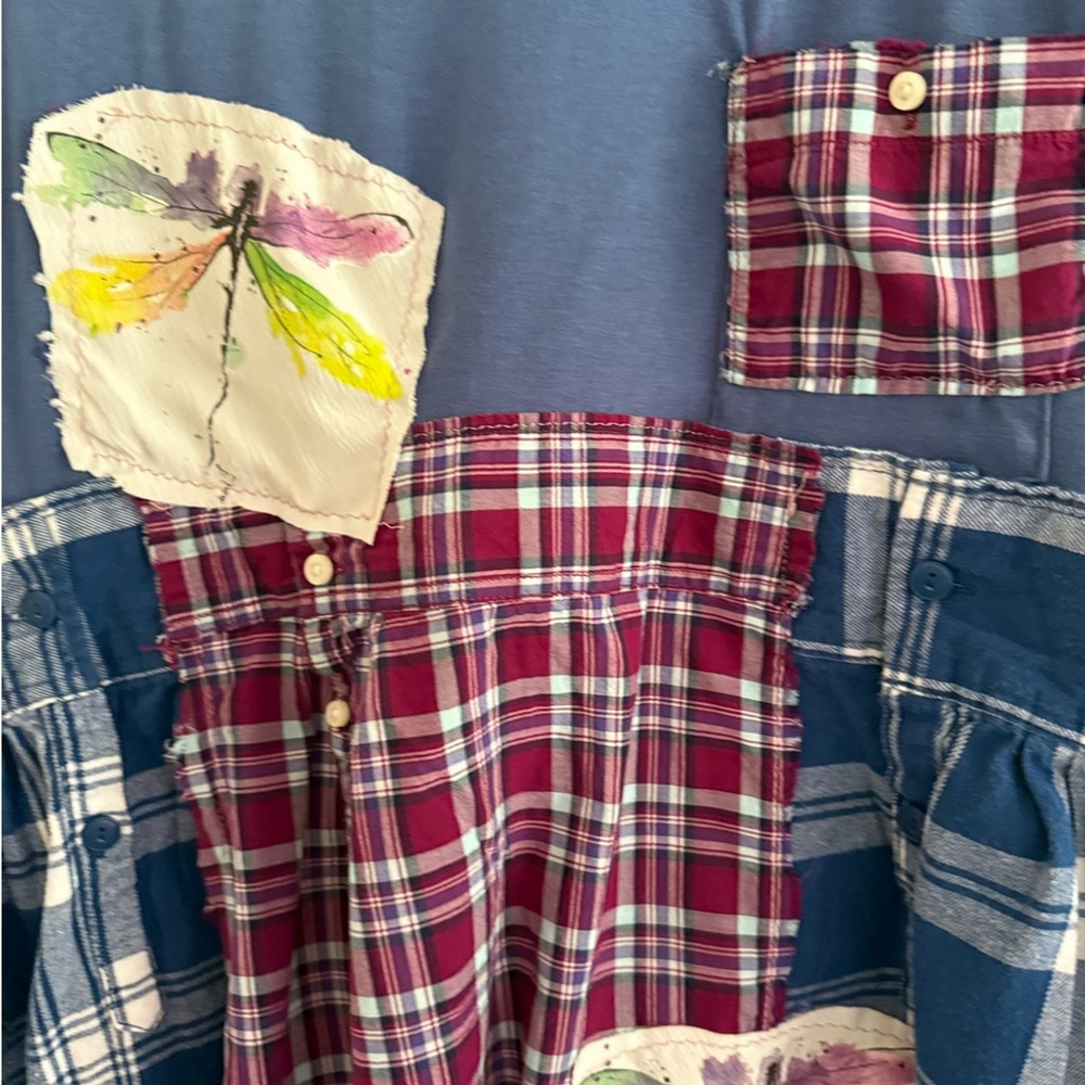 Handmade Upcycled T-Shirt Dress Patchwork Dragonfly Bird Art XL - Picture 2 of 6